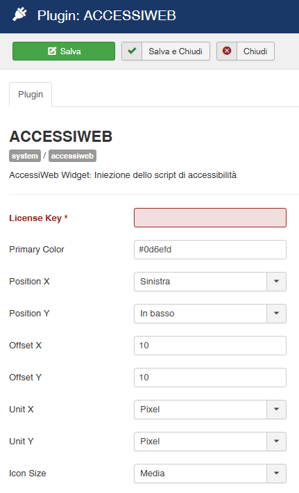 Configurazione plugin di accessibilita Joomla